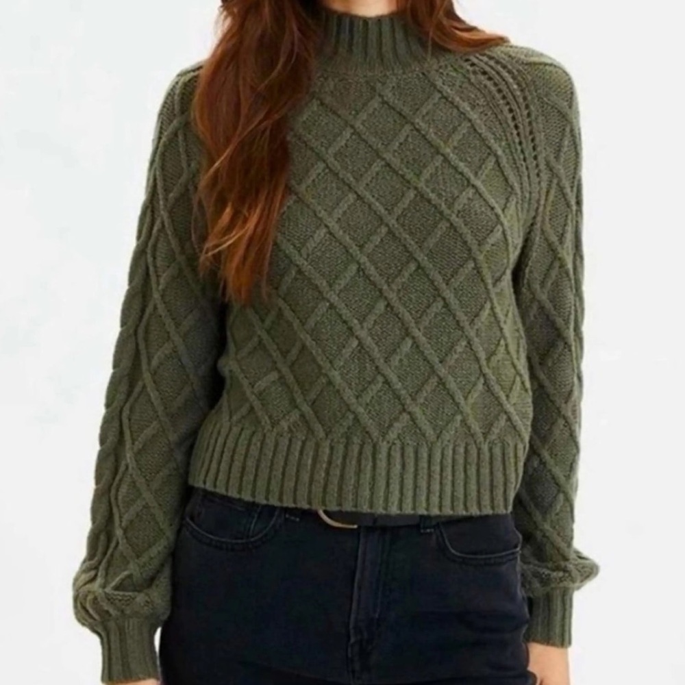 American Eagle Olive Green Cable Knit Mockneck Sweater